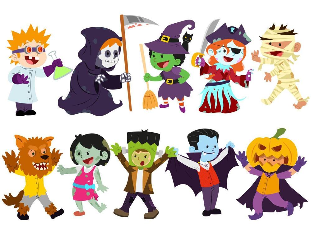 drawings of children in different Halloween costumes